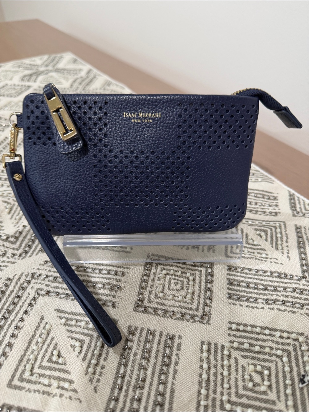 Isaac Mizrahi New York Navy Perforated Leather Wristlet with Gold-Tone Hardware